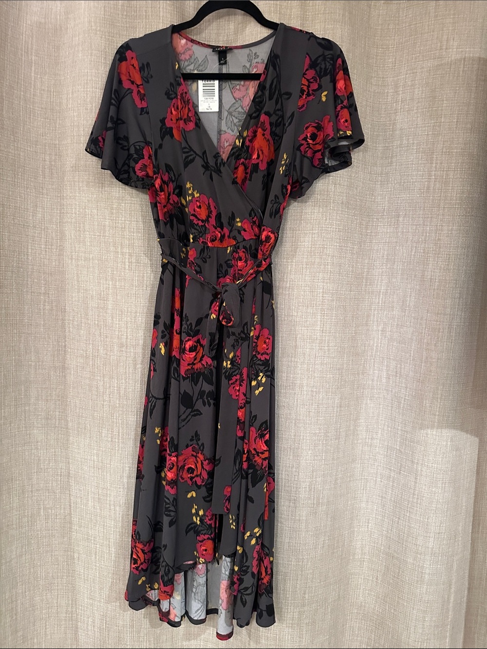 Torrid Floral Wrap Midi Dress in Charcoal with Red Roses 1x